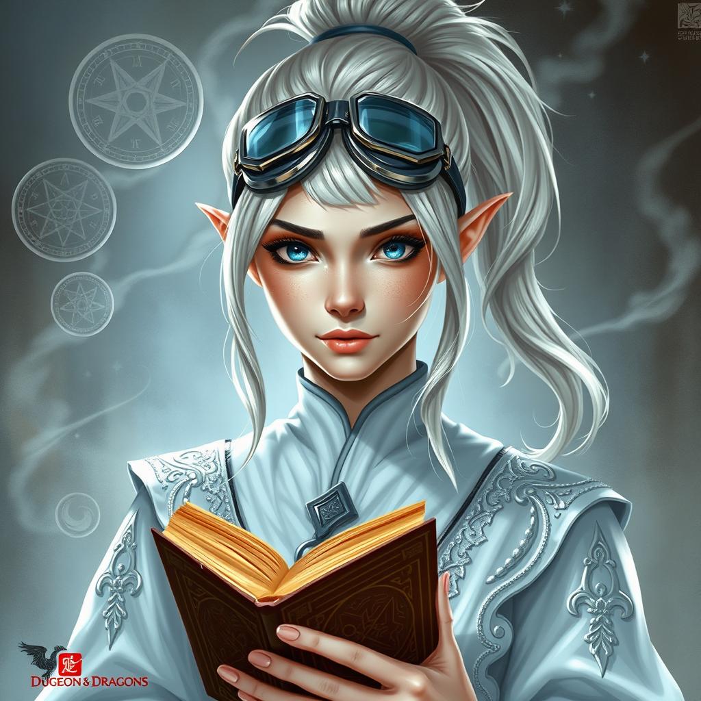A half-elf priestess with aspid blue eyes and light hair that has silver tips, styled in a high ponytail