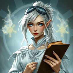 A half-elf priestess with aspid blue eyes and light hair that has silver tips, styled in a high ponytail