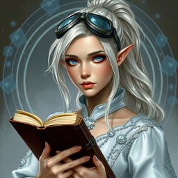 A half-elf priestess with aspid blue eyes and light hair that has silver tips, styled in a high ponytail