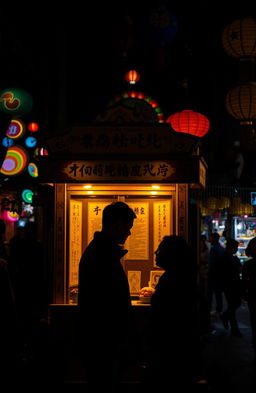 A dark-toned nighttime scene at a vibrant night market filled with colorful lights and enticing booths