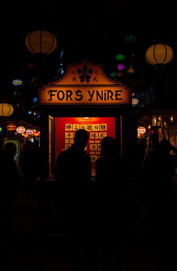 A dark-toned nighttime scene at a vibrant night market filled with colorful lights and enticing booths