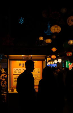 A dark-toned nighttime scene at a vibrant night market filled with colorful lights and enticing booths