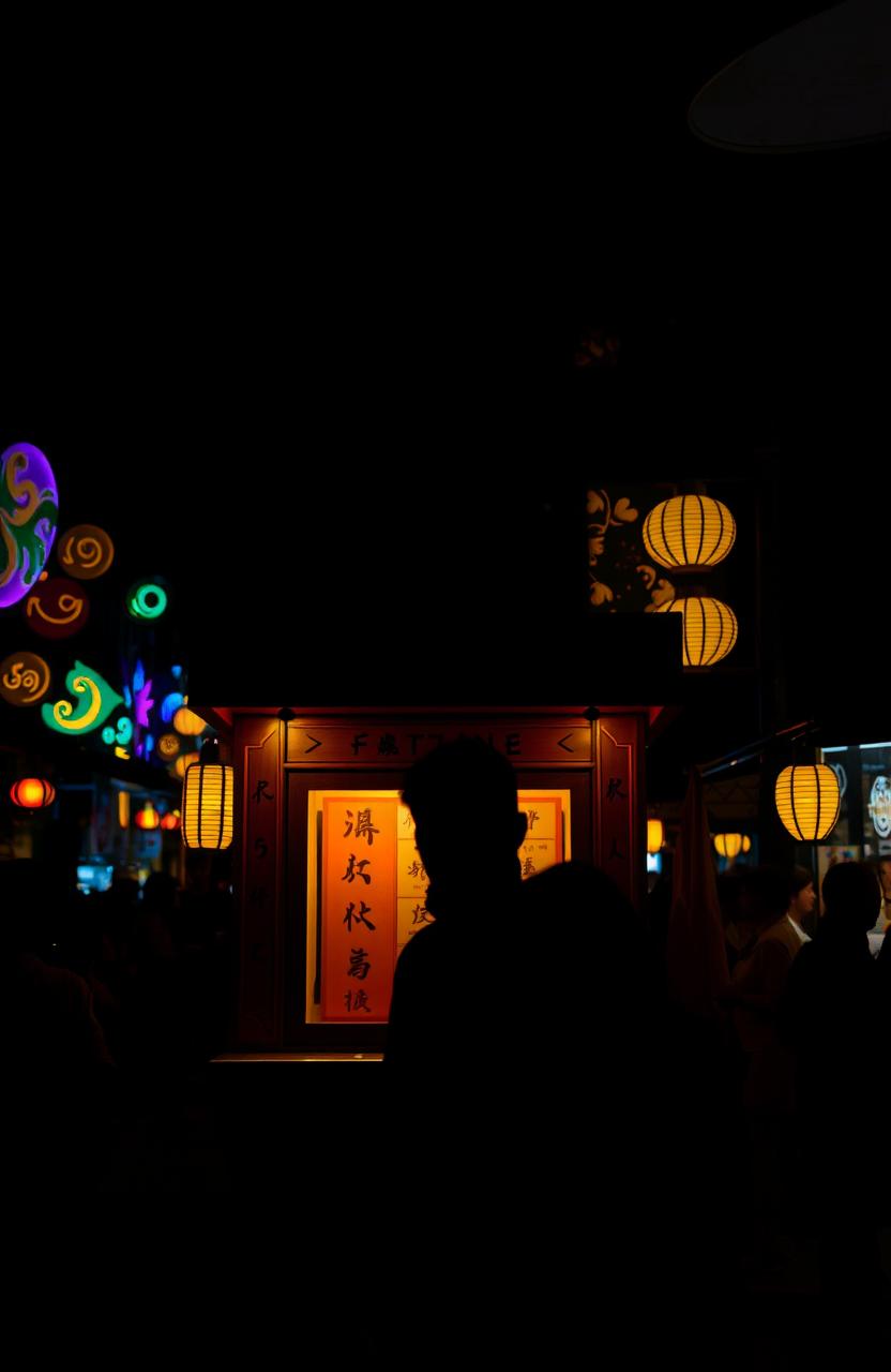 A dark-toned nighttime scene at a vibrant night market filled with colorful lights and enticing booths