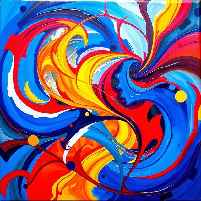 A captivating abstract art piece that blends vibrant colors of blue, red, and yellow into swirling, dynamic shapes