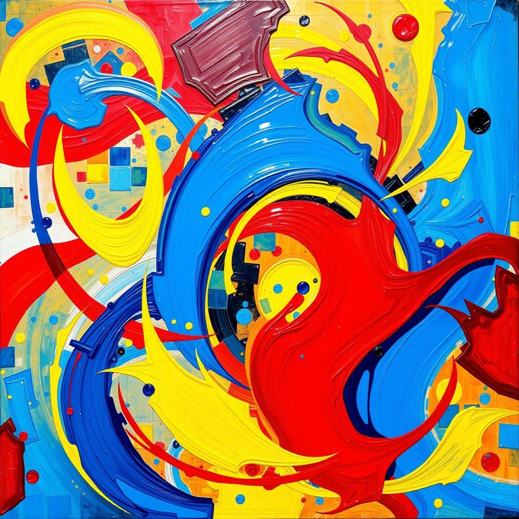 A captivating abstract art piece that blends vibrant colors of blue, red, and yellow into swirling, dynamic shapes