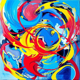 A captivating abstract art piece that blends vibrant colors of blue, red, and yellow into swirling, dynamic shapes