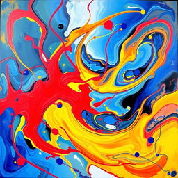 A captivating abstract art piece that blends vibrant colors of blue, red, and yellow into swirling, dynamic shapes