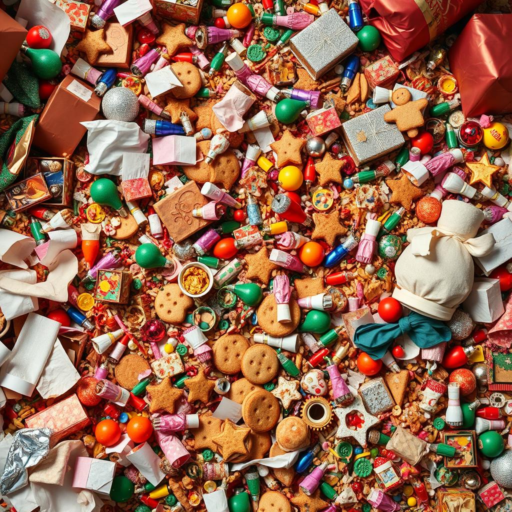 A chaotic and colorful scene filled with a mess of Christmas trash, including discarded gift wrapping paper, broken holiday lights, toys scattered everywhere, uneaten Christmas cookies, and leftover holiday food