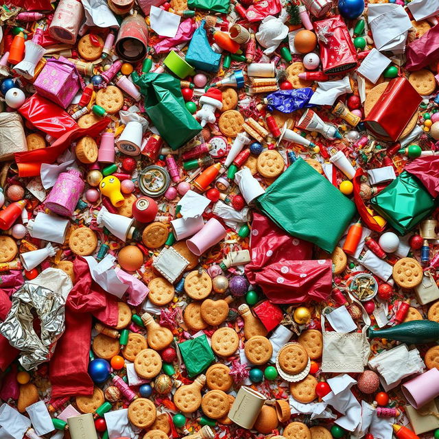 A chaotic and colorful scene filled with a mess of Christmas trash, including discarded gift wrapping paper, broken holiday lights, toys scattered everywhere, uneaten Christmas cookies, and leftover holiday food