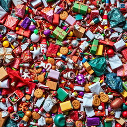 A chaotic and colorful scene filled with a mess of Christmas trash, including discarded gift wrapping paper, broken holiday lights, toys scattered everywhere, uneaten Christmas cookies, and leftover holiday food