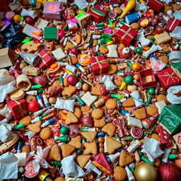 A chaotic and colorful scene filled with a mess of Christmas trash, including discarded gift wrapping paper, broken holiday lights, toys scattered everywhere, uneaten Christmas cookies, and leftover holiday food