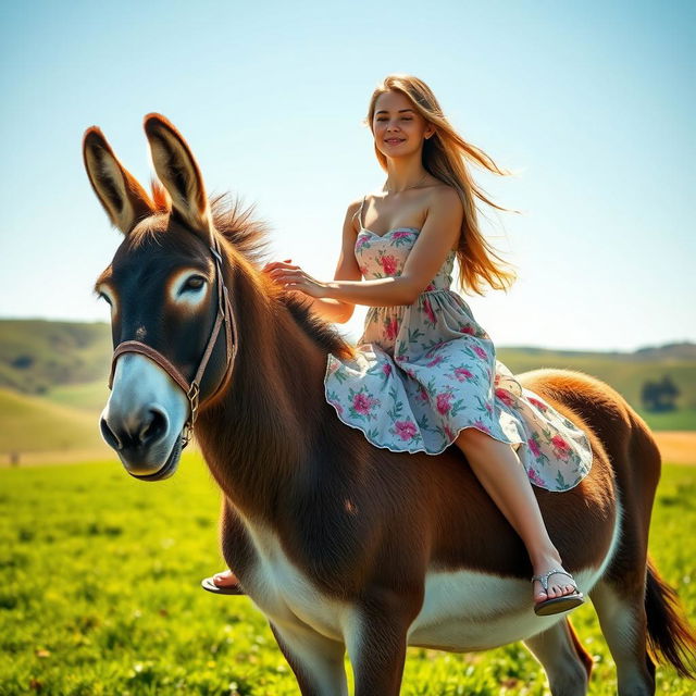 A young woman sitting gracefully on a friendly donkey in a sunny countryside setting