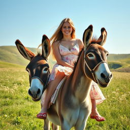 A young woman sitting gracefully on a friendly donkey in a sunny countryside setting