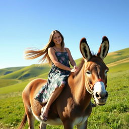 A young woman sitting gracefully on a friendly donkey in a sunny countryside setting