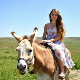 A young woman sitting gracefully on a friendly donkey in a sunny countryside setting