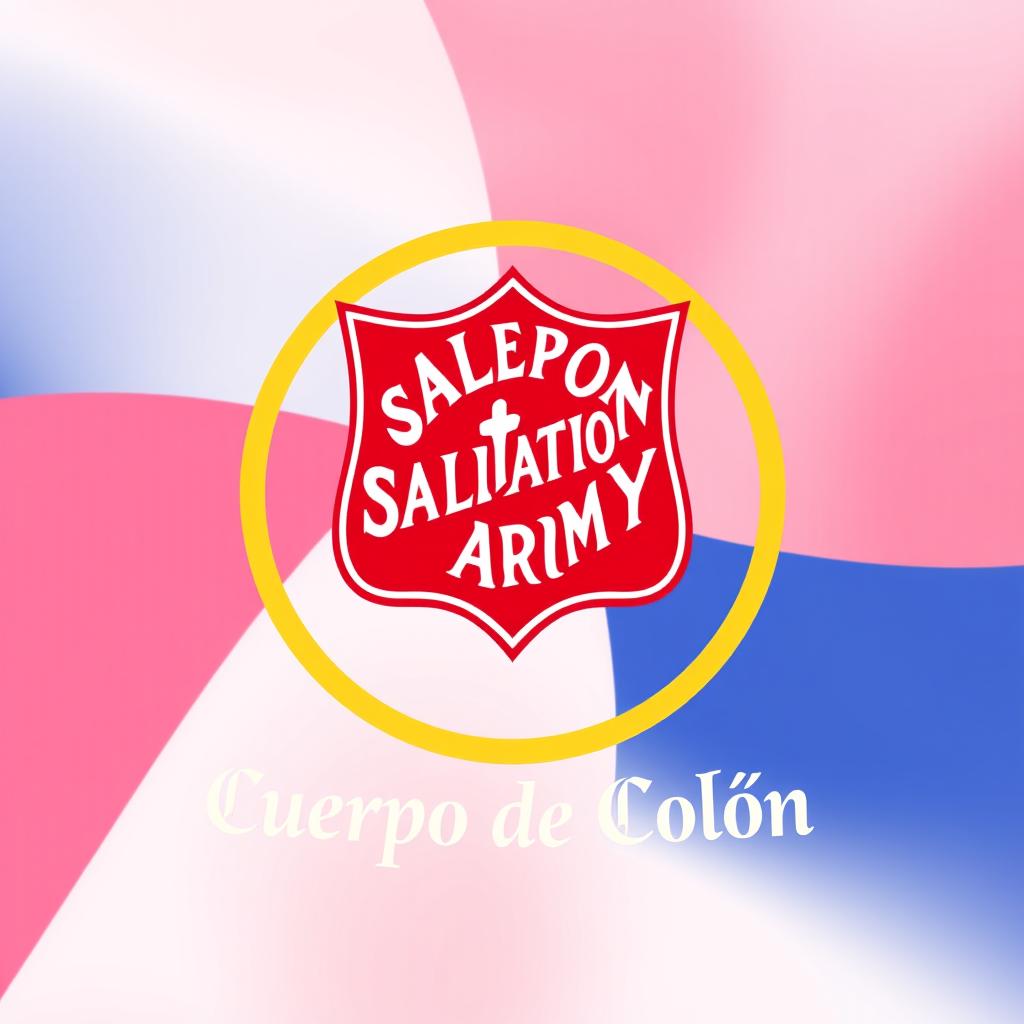 A logo design inspired by the Salvation Army emblem, featuring a central red shield with a white cross, surrounded by a circular gold border