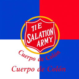 A logo design inspired by the Salvation Army emblem, featuring a central red shield with a white cross, surrounded by a circular gold border