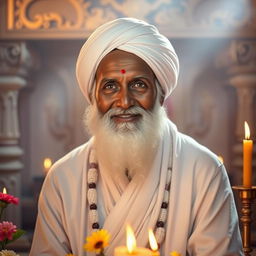 A serene and spiritual portrait of Sai Baba, depicted with kind eyes and a gentle smile, wearing a white robe and a white turban