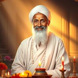 A serene and spiritual portrait of Sai Baba, depicted with kind eyes and a gentle smile, wearing a white robe and a white turban