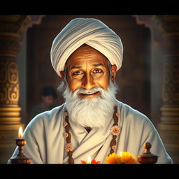 A serene and spiritual portrait of Sai Baba, depicted with kind eyes and a gentle smile, wearing a white robe and a white turban
