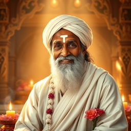 A serene and spiritual portrait of Sai Baba, depicted with kind eyes and a gentle smile, wearing a white robe and a white turban