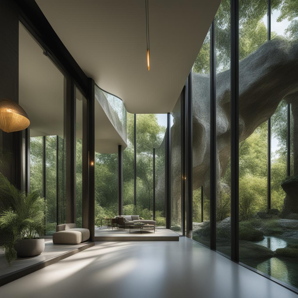 An architectural photograph featuring a modern glass house nestled within a dramatic cave interior, adorned with Roman pillars