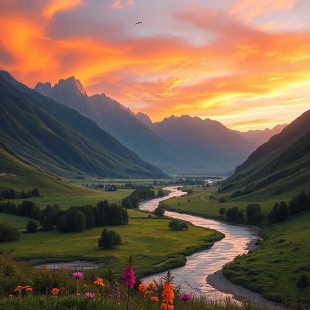 A serene landscape featuring a winding river flowing through a vibrant lush green valley, with a backdrop of majestic mountains bathed in the warm glow of a sunset sky filled with orange, pink, and purple hues