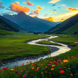 A serene landscape featuring a winding river flowing through a vibrant lush green valley, with a backdrop of majestic mountains bathed in the warm glow of a sunset sky filled with orange, pink, and purple hues