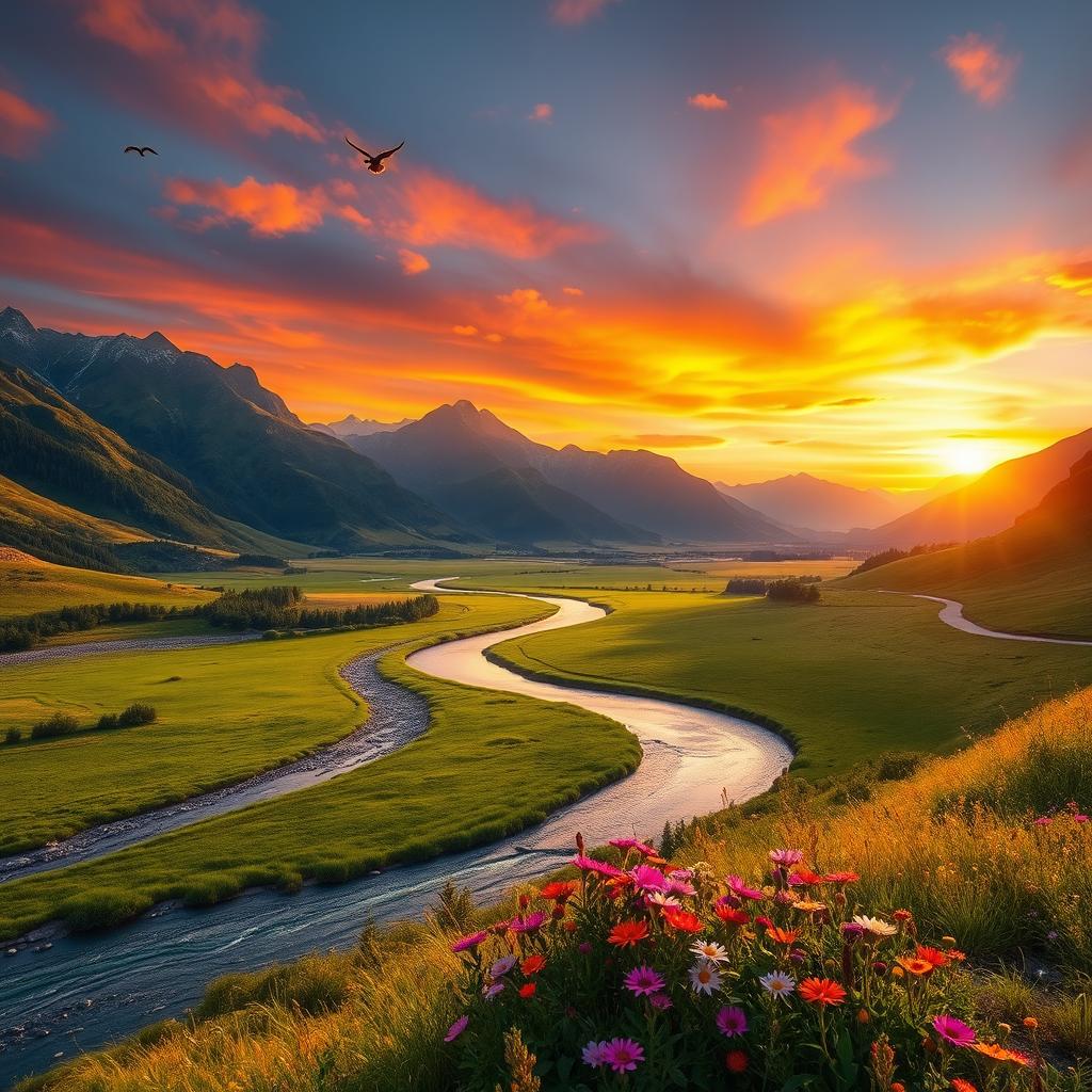 A serene landscape featuring a winding river flowing through a vibrant lush green valley, with a backdrop of majestic mountains bathed in the warm glow of a sunset sky filled with orange, pink, and purple hues