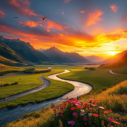 A serene landscape featuring a winding river flowing through a vibrant lush green valley, with a backdrop of majestic mountains bathed in the warm glow of a sunset sky filled with orange, pink, and purple hues