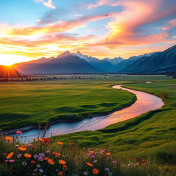 A serene landscape featuring a winding river flowing through a vibrant lush green valley, with a backdrop of majestic mountains bathed in the warm glow of a sunset sky filled with orange, pink, and purple hues