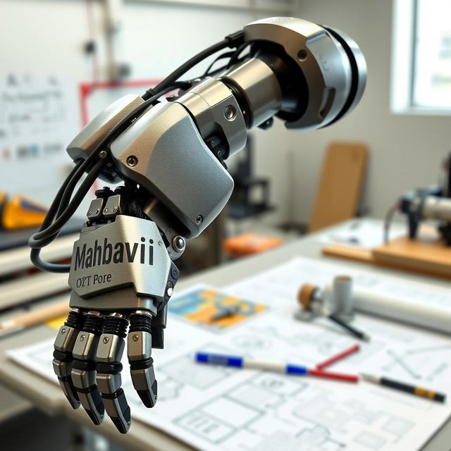 A robotic mechanical arm designed for engineering projects, showcasing advanced features such as articulated joints, precision grip, and a sleek metallic finish