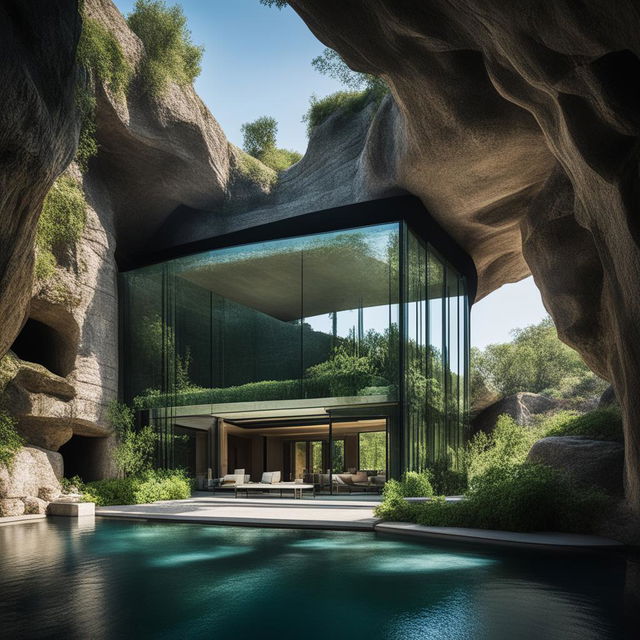 An architectural photograph featuring a modern glass house nestled within a dramatic cave interior, adorned with Roman pillars