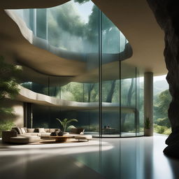 An architectural photograph featuring a modern glass house nestled within a dramatic cave interior, adorned with Roman pillars