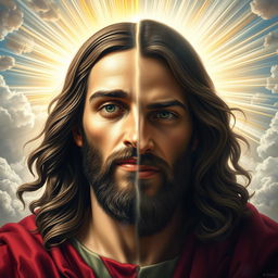 A hyper-realistic masterpiece image of Jesus, depicted split in half: one side showing Him as a human with detailed facial features, expressions of compassion and wisdom; the other side representing His divine aspect with a radiant, ethereal glow and celestial elements