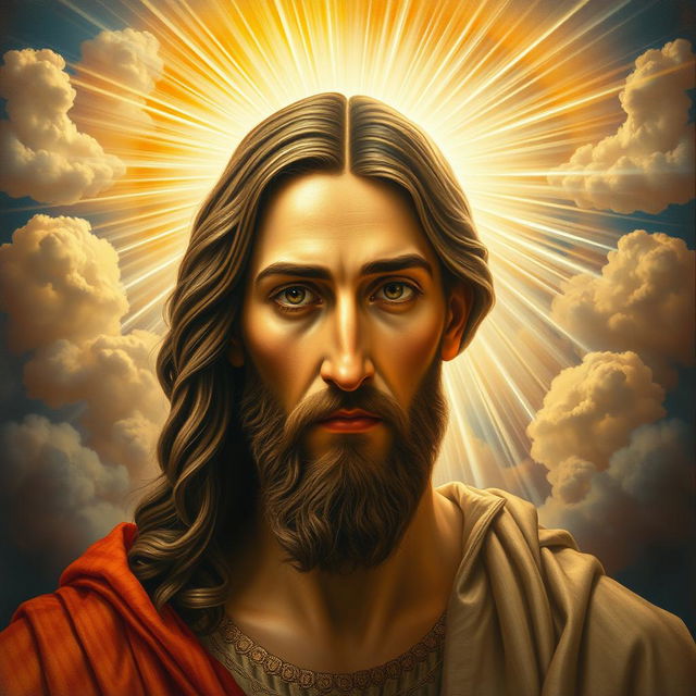 A hyper-realistic masterpiece image of Jesus, depicted split in half: one side showing Him as a human with detailed facial features, expressions of compassion and wisdom; the other side representing His divine aspect with a radiant, ethereal glow and celestial elements