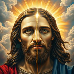A hyper-realistic masterpiece image of Jesus, depicted split in half: one side showing Him as a human with detailed facial features, expressions of compassion and wisdom; the other side representing His divine aspect with a radiant, ethereal glow and celestial elements