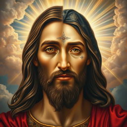 A hyper-realistic masterpiece image of Jesus, depicted split in half: one side showing Him as a human with detailed facial features, expressions of compassion and wisdom; the other side representing His divine aspect with a radiant, ethereal glow and celestial elements