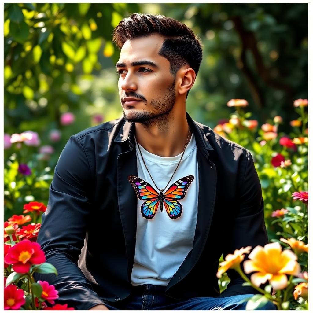 A man with a butterfly necklace gracefully wrapped around his neck, sitting in a serene garden, surrounded by vibrant flowers and lush greenery