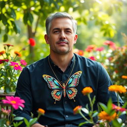 A man with a butterfly necklace gracefully wrapped around his neck, sitting in a serene garden, surrounded by vibrant flowers and lush greenery