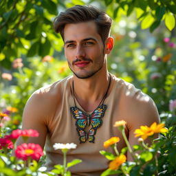 A man with a butterfly necklace gracefully wrapped around his neck, sitting in a serene garden, surrounded by vibrant flowers and lush greenery
