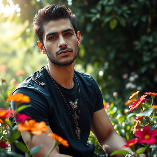 A man with a butterfly necklace gracefully wrapped around his neck, sitting in a serene garden, surrounded by vibrant flowers and lush greenery