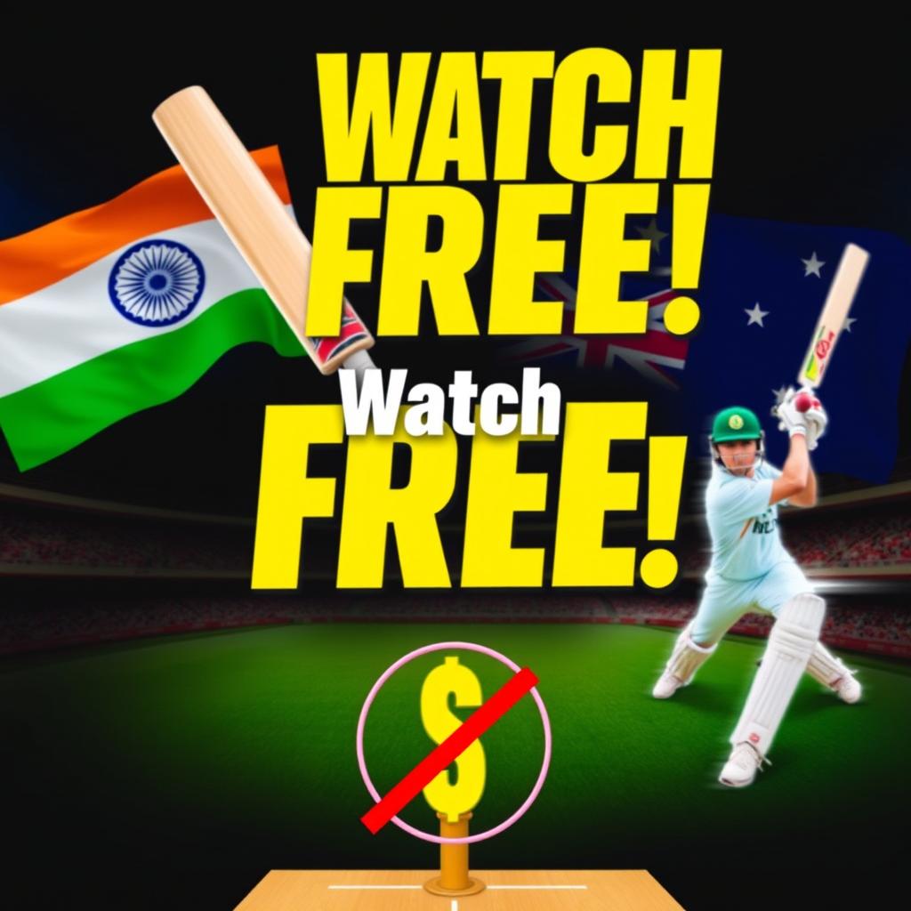 A dynamic cricket poster featuring large, attention-grabbing text that reads "Watch FREE!" in bright yellow or white on a contrasting dark background