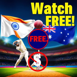 A dynamic cricket poster featuring large, attention-grabbing text that reads "Watch FREE!" in bright yellow or white on a contrasting dark background