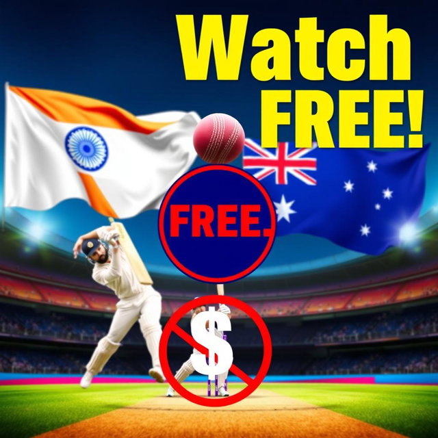 A dynamic cricket poster featuring large, attention-grabbing text that reads "Watch FREE!" in bright yellow or white on a contrasting dark background