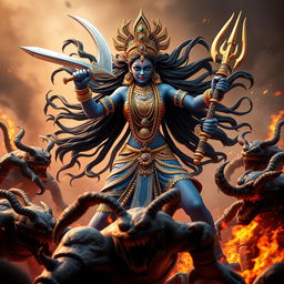In a striking 3D representation, Goddess Mahakali, adorned with intricate jewelry and fierce features, is depicted in a powerful stance as she annihilates a group of demons
