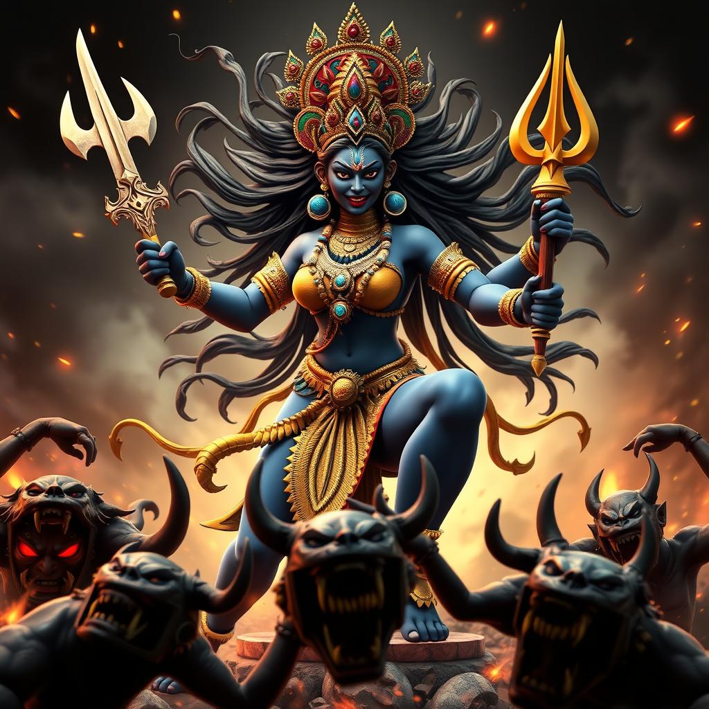 In a striking 3D representation, Goddess Mahakali, adorned with intricate jewelry and fierce features, is depicted in a powerful stance as she annihilates a group of demons