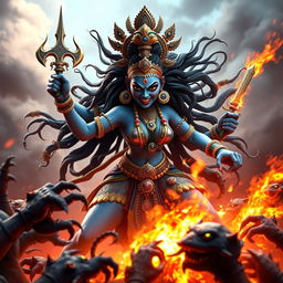 In a striking 3D representation, Goddess Mahakali, adorned with intricate jewelry and fierce features, is depicted in a powerful stance as she annihilates a group of demons