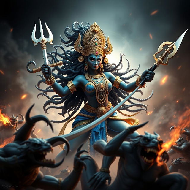 In a striking 3D representation, Goddess Mahakali, adorned with intricate jewelry and fierce features, is depicted in a powerful stance as she annihilates a group of demons