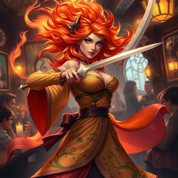 A female fire genasi bard, her hair resembling flickering flames in shades of bright orange and deep red, is depicted striking a dynamic pose